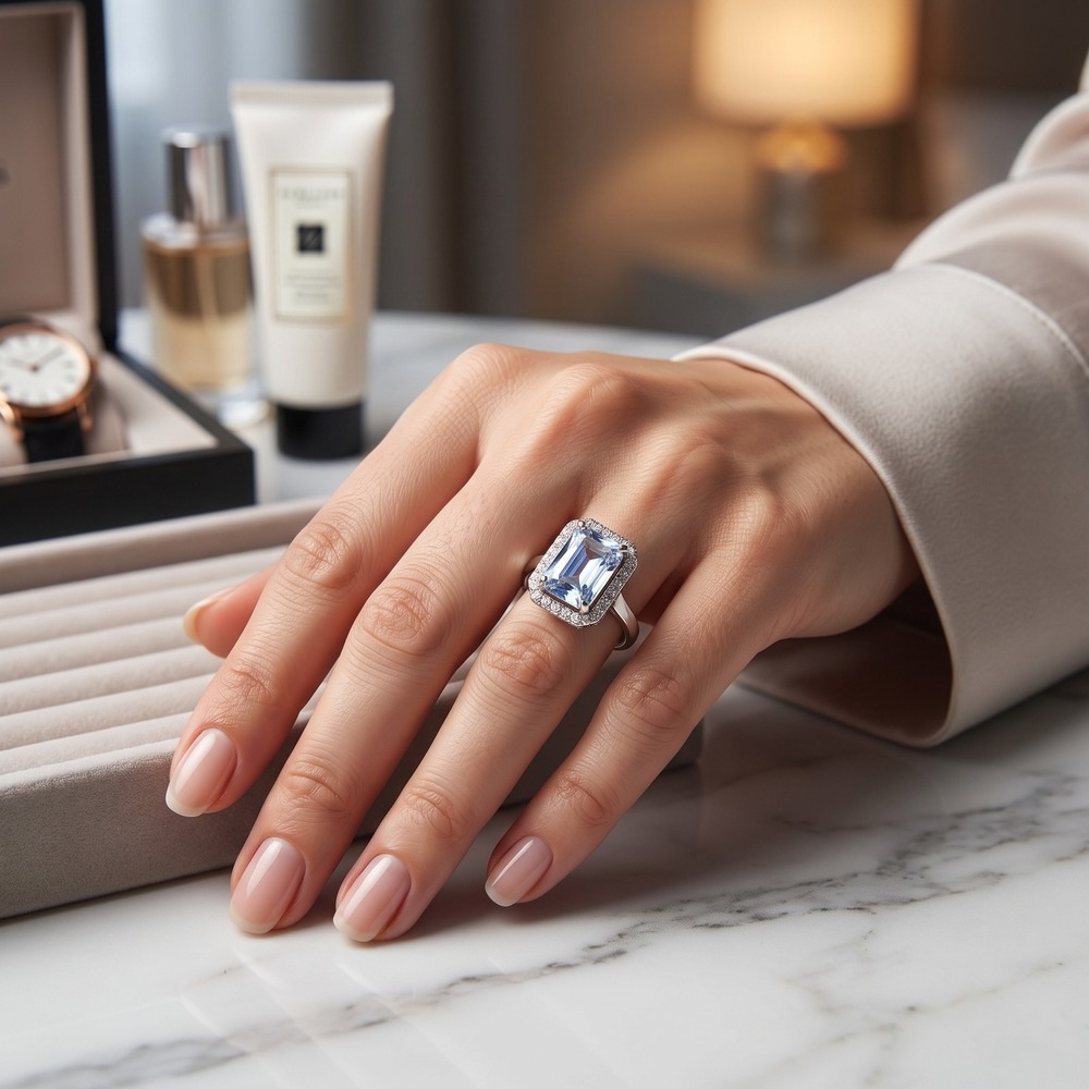 Women's Ring 5.5 Silver Emerald Cut Halo Cocktail Faux Diamond Sparkle